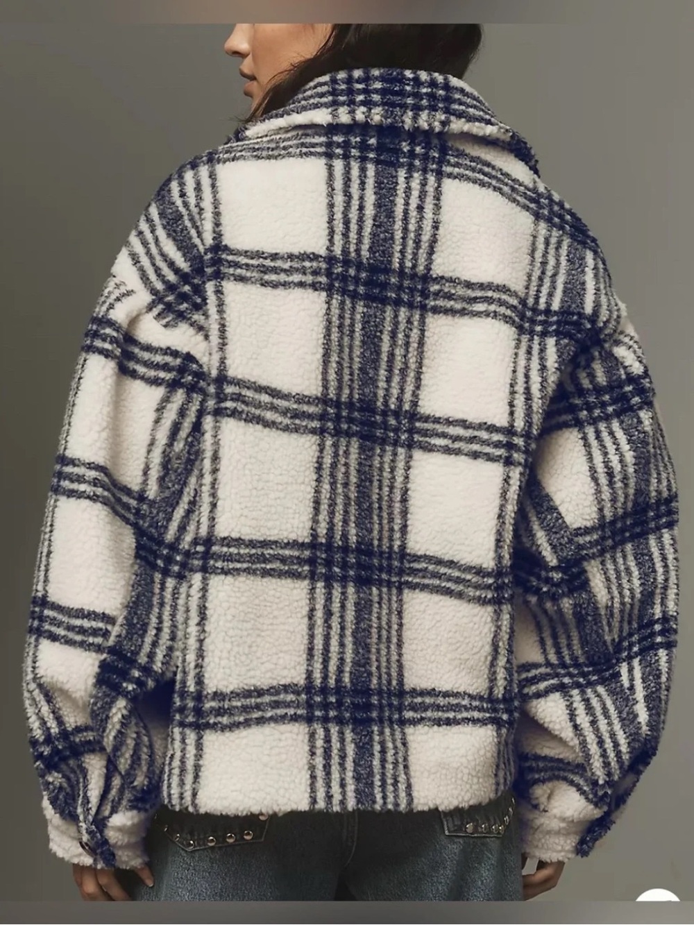 Pilcro Anthropologie Off White & Navy Blue Plaid Cropped Sherpa Jacket XS - Picture 10 of 13